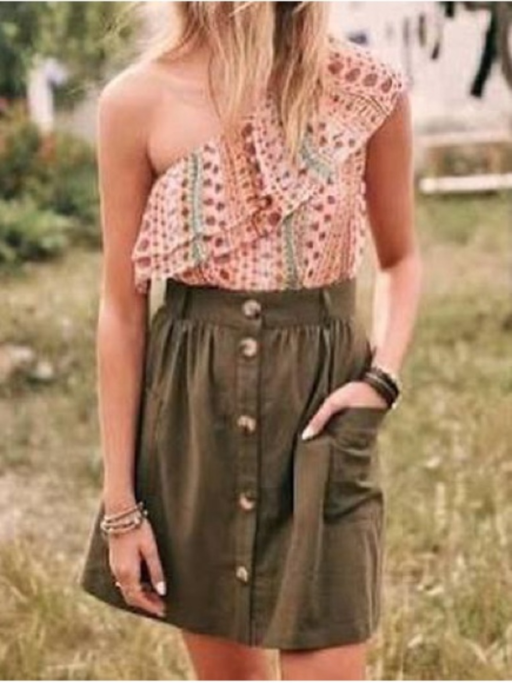 Sezane Lorraine linen khaki skirt